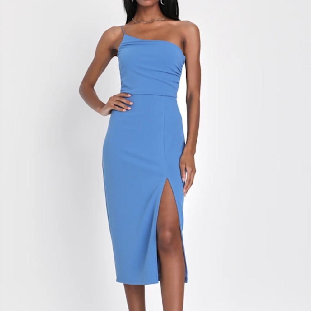 Elegant Allure Slate Blue One-Shoulder Sleeveless Midi Dress